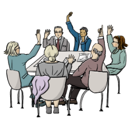 Zeichnung: Eine Gruppe von Menschen sitzt um einen Tisch, einige davon heben die Hand zur Abstimmung