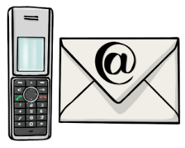 Ein gezeichnetes Telefon neben einem gezeichneten Briefumschlag, auf dem Briefumschlag ist das @-Zeichen